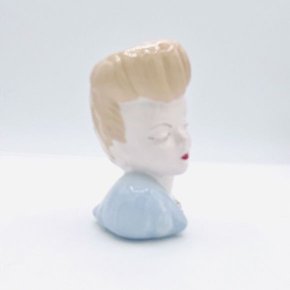 Vintage 50's Glamour Girl Lady Head Vase Blue W/ Gold Gilt Flowers Planter. Flaw - Picture 4 of 6